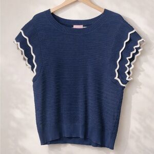 Muse Republic Clothing Navy Ruffle Sleeve Knit Top XL NWT Coastal Preppy